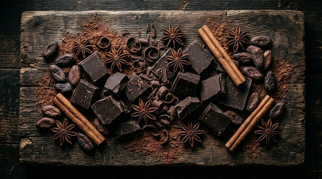 Dark Chocolate Chunks with Cinnamon Sticks and Star Anise on a Rustic Wooden Board.