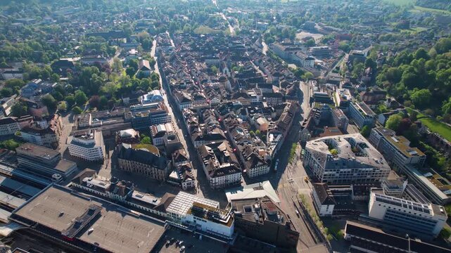 Aerial view of the city Winterthur in Switzerland on a sunny morning day in summer