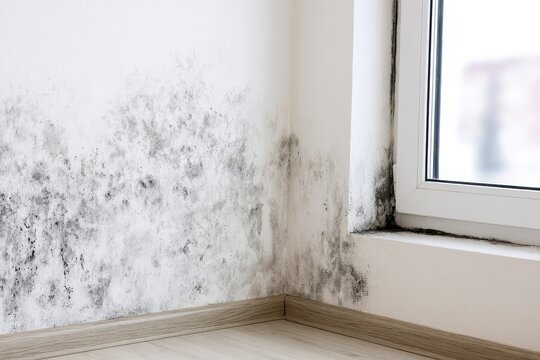 A room with mold growing on the walls near a window
