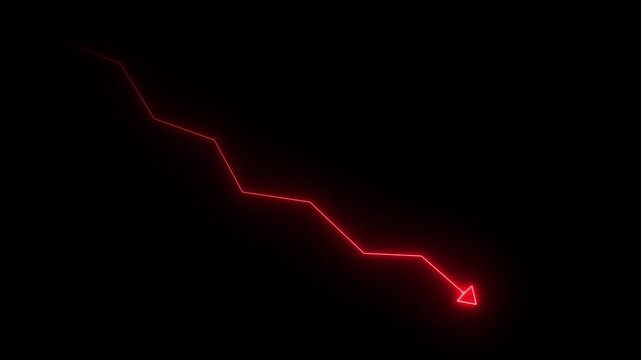 Abstract Global Business Line Animation with Glowing Neon Downward Trend Arrow on Black Background
