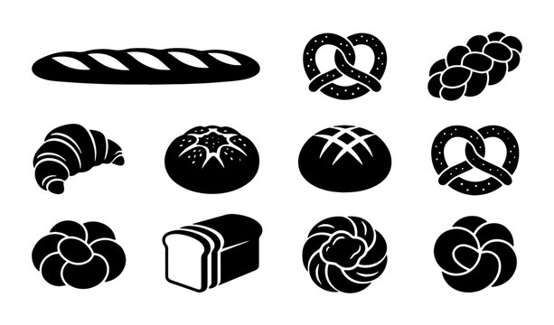 Bakery Icons Set: Assorted Bread, Croissant, Pretzel, Challah Vector Graphics for Food Branding and Menus