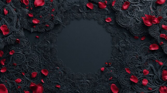 Dark elegant background featuring a black lace ornate circular frame template decorated with scattering vibrant red rose petals perfect for romantic luxury gothic design cards weddings and invitations