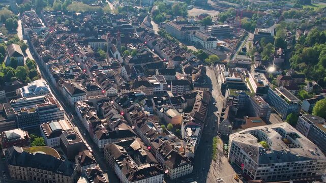 Aerial view of the city Winterthur in Switzerland on a sunny morning day in summer