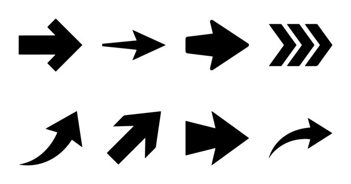 Black Arrow Icons Set: Directional Navigation Symbols, Pointer Cursors, Forward Movement Graphics, Vector Collection