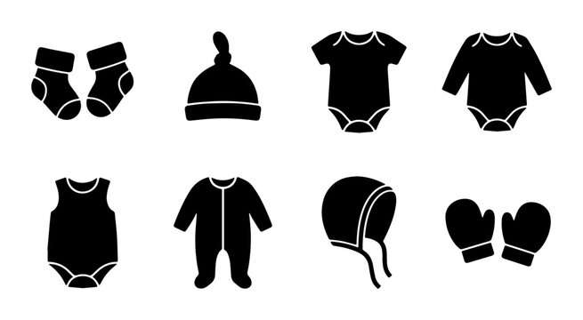 Baby Clothing Icons Set, Newborn Essentials Vector Graphics, Infant Apparel Silhouettes for Design, Cute Baby Wear Collection