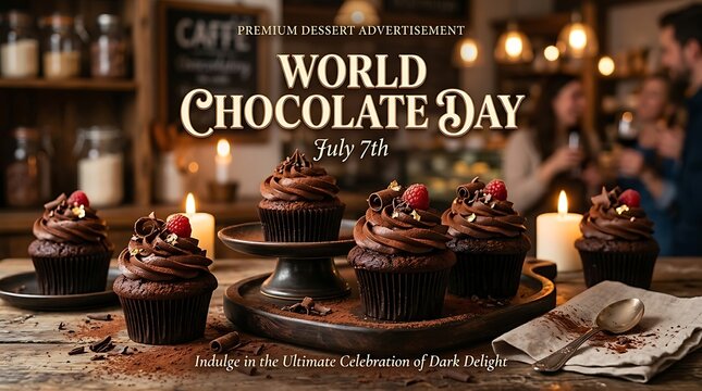 World Chocolate Day Celebration with Delicious Chocolate Cupcakes and Candles.