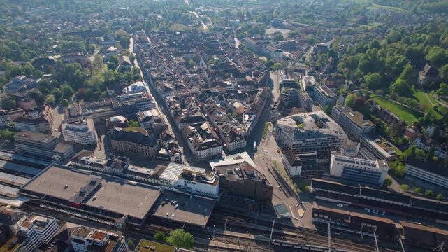 Aerial view of the city Winterthur in Switzerland on a sunny morning day in summer