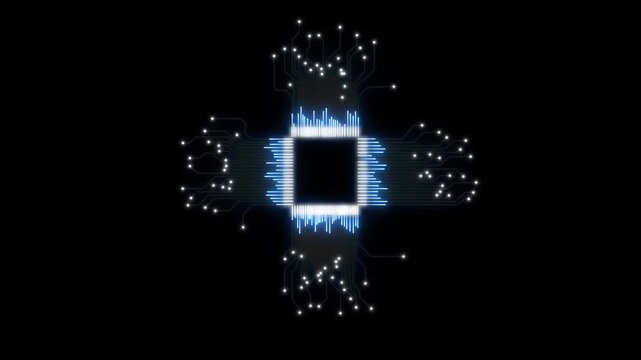 Glowing neon AI circuit board background. Computer motherboard with a chip, Processor with artificial intelligence AI. Minimal chip icon with AI text and circuit lines icon animation