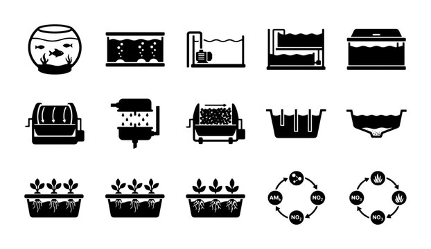 Aquaponics and hydroponics icon set, 15 black vector symbols for sustainable farming, aquarium filtration and nitrogen cycle diagrams for agriculture