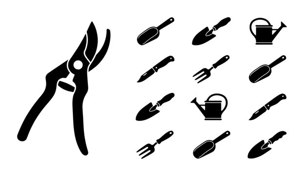 Gardening tools icon set in black silhouette, professional garden equipment collection, pruning shears and watering can vector illustrations