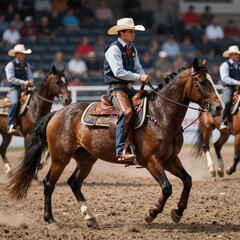 Obraz premium Flat Design Cowboy Kick. Side View Of Cowboy On Horseback Performing An Exercise During A Competition