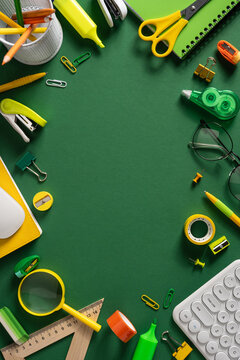 Back to school vertical flatlay with green and yellow stationery on a study desk for students and teachers