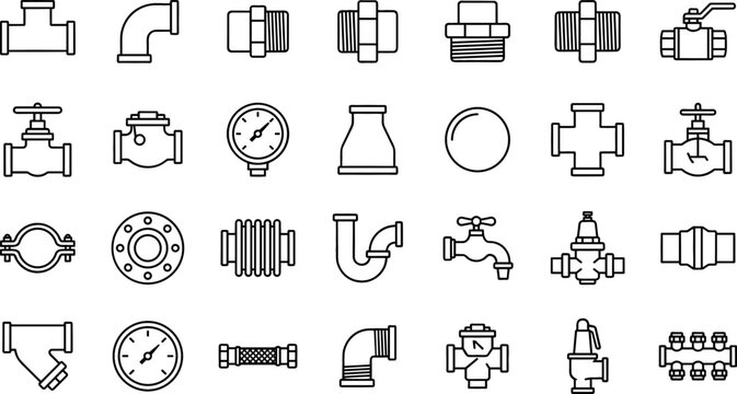 Plumbing and Pipe Fitting Line Icon Set with Water Taps Valves Couplings Pressure Gauges Flanges and Industrial Pipeline Connection Hardware Vector Elements