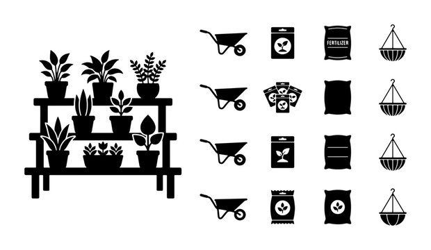 Gardening icons set with potted plants on shelves, wheelbarrow silhouettes, seed packets and fertilizer bags, black vector garden equipment