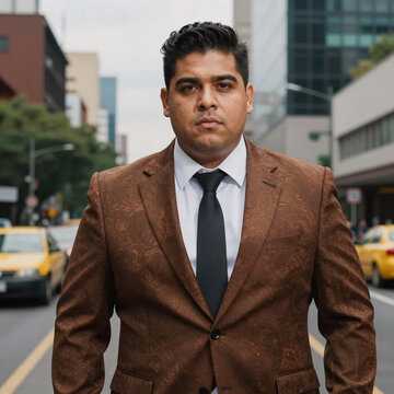 Hyperrealistic Latin Latinamerican. Portrait Of A Plus-Size Latin Man Looking At The Camera, Captured Outside An Office In Mexico City
