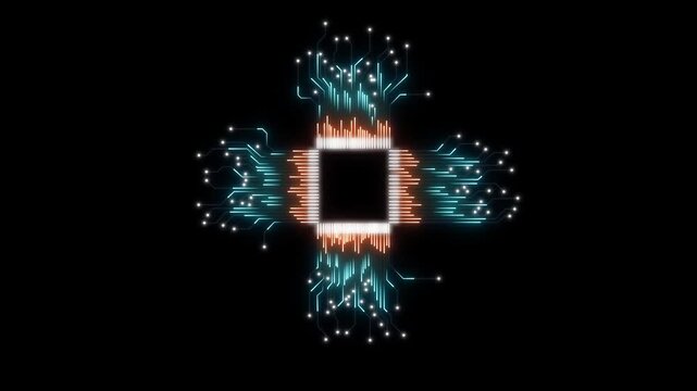 Glowing neon AI circuit board background. Computer motherboard with a chip, Processor with artificial intelligence AI. Minimal chip icon with AI text and circuit lines icon animation