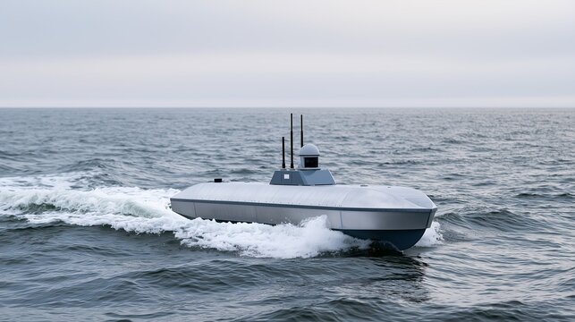 Unmanned Surface Vessel at Sea, Excellent for Maritime Drone Technology, Ocean Surveillance and Autonomous Navigation