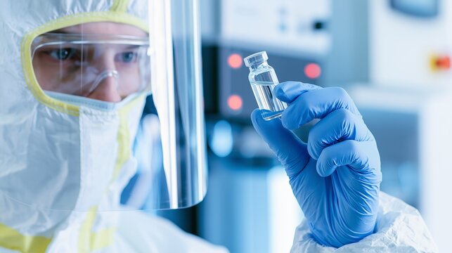 Scientist Inspecting Sterile Vial in Cleanroom, Excellent for Pharmaceutical Quality Control, Biotech Manufacturing and Vaccine Research