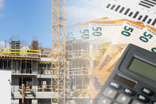 Residential apartment construction site combined with euro banknotes and calculator. Concept of rising housing costs. Property investment. Real estate development budget and finance.