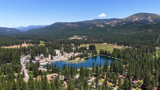 Graeagle California - Aerial Approach Towards Mill Pond on Busy July Summer Weekend Facing North East