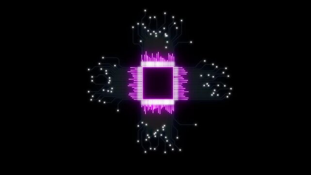 Glowing neon AI circuit board background. Computer motherboard with a chip, Processor with artificial intelligence AI. Minimal chip icon with AI text and circuit lines icon animation
