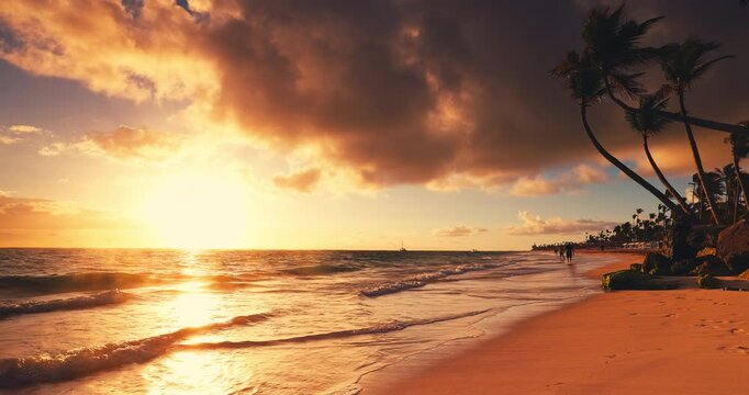 Tropical Island Beach Sunrise with Palm treess and Ocean Waves Punta Cana, Dominican Republic, Caribbean sea