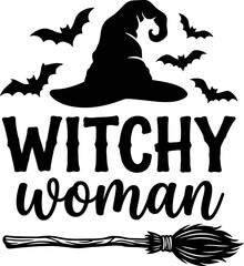 Naklejka premium Black silhouette of witchy woman with hat broom and bats flying around her