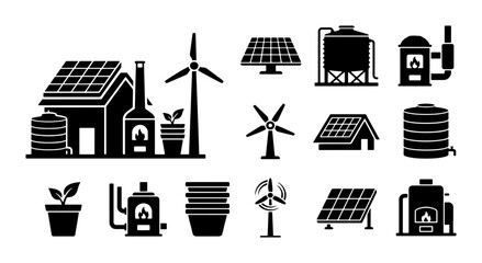 Renewable energy icon set, sustainable green technology vector elements, solar panel and wind turbine power symbols for eco-friendly infrastructure © Sajid