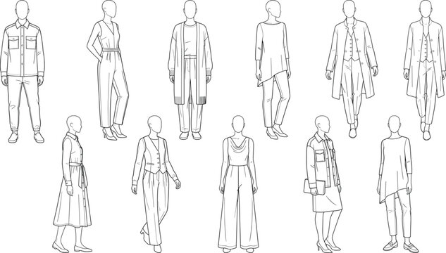 Fashion technical sketch template set of women casual clothes and apparel outfits line art