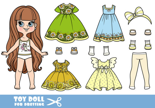 Cartoon long haired brunette girl and clothes separately -  dresses, ltights and boots