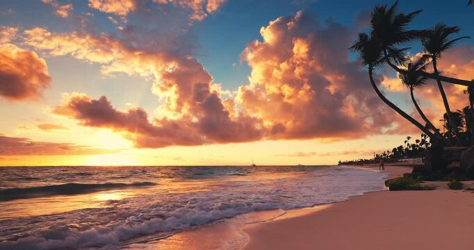 ocean sunrise paradise tropical island beach landscape with palm trees Bavaro, Punta Cana resort, Dominican Republic