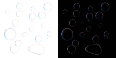 Glowing soap bubbles drift across on a transparent background, creating a simple abstract scene with soft rainbow edges, floating shapes and lots of copy space. © Mukta