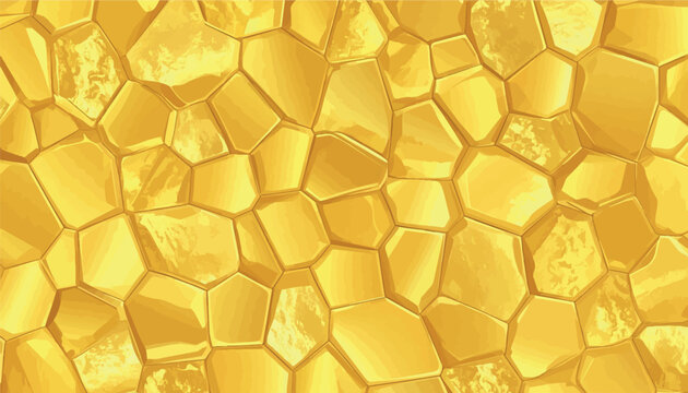 A luxury abstract gold texture background featuring a seamless pattern of geometric polygons and irregular stone shapes with metallic reflections, ideal for premium graphic design and branding.