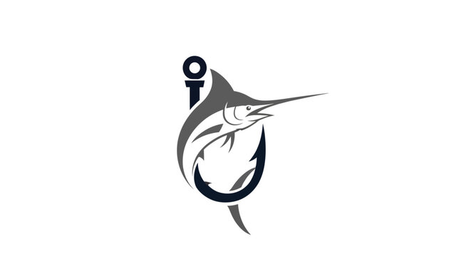 Marlin fish jumping with fishing hook and line logo.