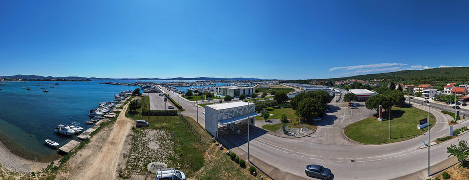 Aerial view of Marina Suko&scaron;an entrance gate and Adriatic coastline Croatia