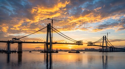 Labor day infrastructure sunset view of a large bridge construction project and city skyline