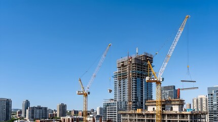 Fototapeta premium Labor day and construction high rise buildings underway with tower cranes against a clear blue sky