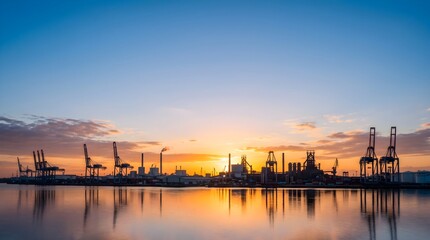 Naklejka premium Labor day industrial harbor scene at sunset workers' rights and american industry