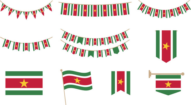 Suriname National Day Celebration Vector Element Kit Featuring Republic Flag Bunting Garlands Pennants Ribbons and Patriotic South American Sovereign State Symbols Isolated on White