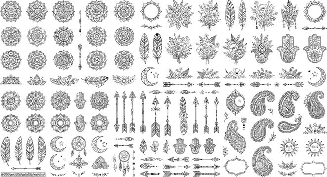 Boho Mystical Vector Element Collection Featuring Black Mandala Ornaments Feathers Hamsa Hand Arrows Dreamcatcher Paisley and Sun Symbols Isolated on White Background