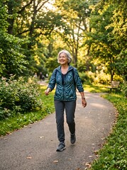 Fototapeta premium Smiling senior woman enjoying a brisk walk on a sunlit park path surrounded by lush green trees and foliage