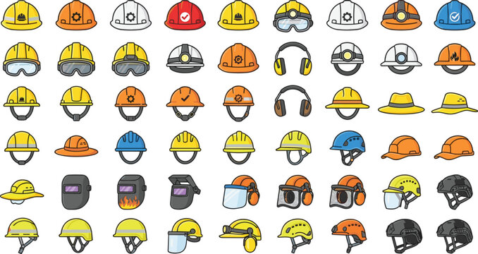 Industrial safety helmet and construction hard hat vector icon set featuring welding masks face shields earmuffs and miner headlamps for site protection