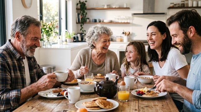 Multi generational family enjoying a happy breakfast together around a wooden table in a bright kitchen