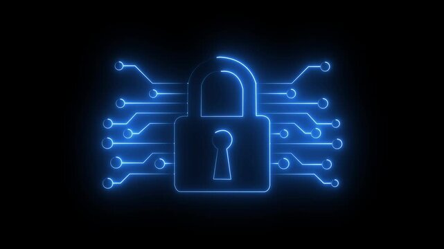 purple cyber security line icon on black background. Cyber security padlock. Strategies for Cyber Security, Data Protection, and Business Privacy against unauthorized access, cyber threats