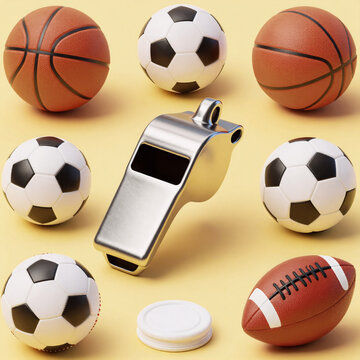Cute Pastel Soccer Kickball. Sports Whistle Against A Yellow Backdrop, Featuring Various Referee Symbols From Basketball, Handball, Futsal, Volleyball, Soccer, Baseball, Football, And Hockey