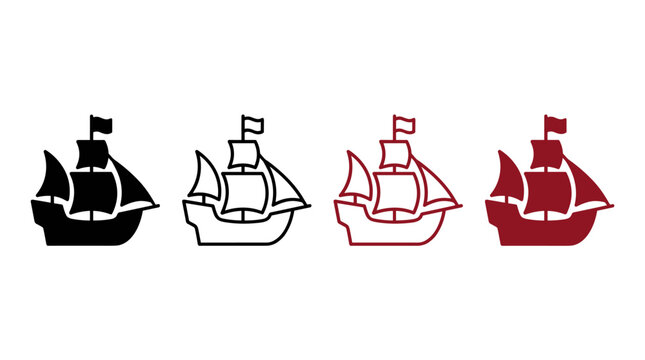 Set of four sailing ship icons in different styles and colors