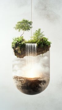 Surreal Scene of Nature with Waterfall and Greenery