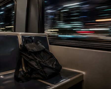 Jet black nylon backpack handbag slouched lazily upon a subway train seat observing city lights