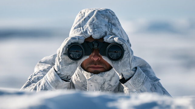 Arctic Soldier Using Binoculars in Winter Camouflage, Cold Weather Reconnaissance and Defense Surveillance Concept