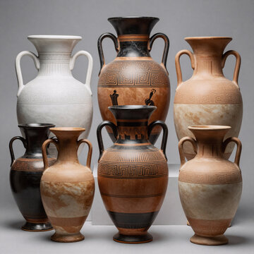 Mecha Ancient Jug. Sketch A Linear Illustration Showcasing An Ancient Greek Collection Of Amphorae And Vases